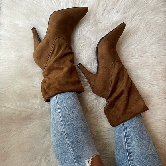 Shoes - Cognac Slouchy Pointed Toe Faux Suede Boots